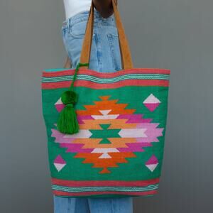 Green, Pink & Orange Western Woven Cotton Tote Bag | Boho Pom Tassel Tote